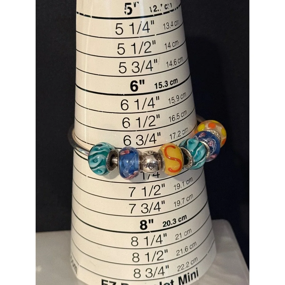 Pandora Sterling Silver Bangle Bracelet with 6 Colorful Glass Charms